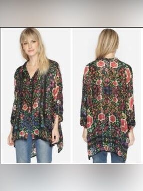 Johnny Was Emby floral-print long-sleeve 100% silk top size small